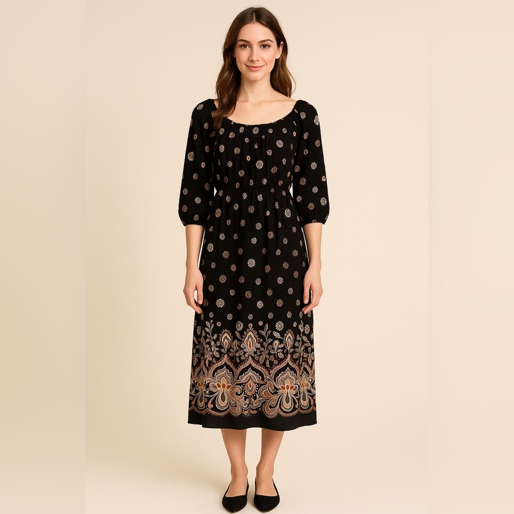 AGB Black Paisley Floral Peasant Dress • Size M • Boho Midi • 3/4 Sleeve